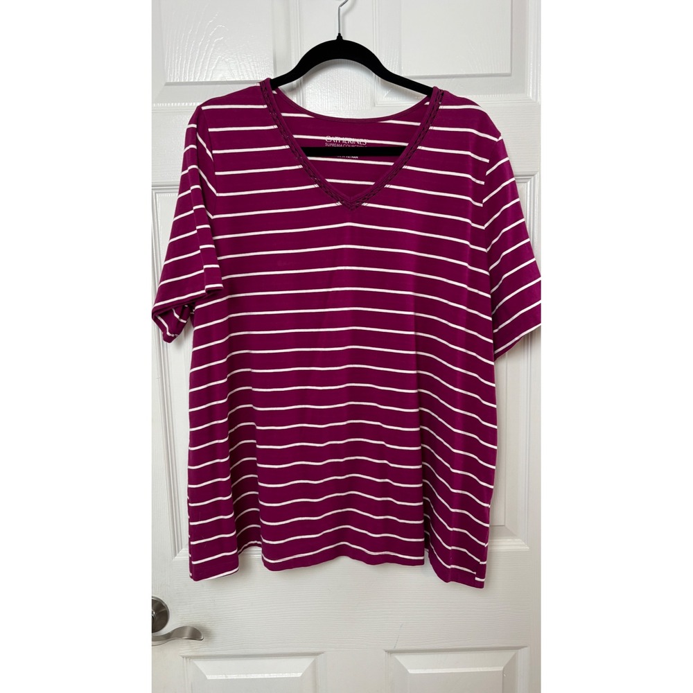 Catherines Suprema Collection Magenta Striped V-Neck Lace Trim Top 1X 18/20W